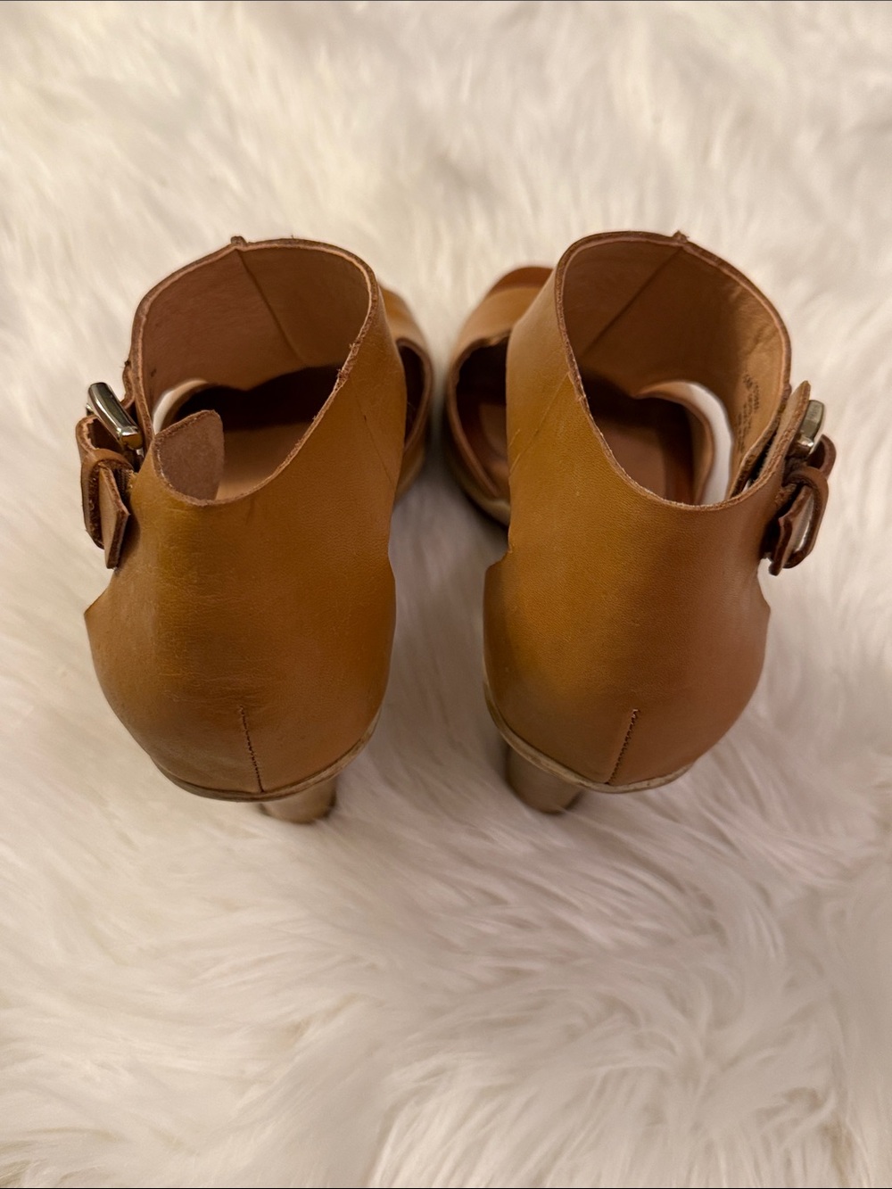 Sofft Cognac Tan Peep-Toe Leather Heels with Ankle Buckle - Picture 3 of 6
